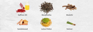 saffron oil , munjhistha, mulethi , sandalwood,  lotus pollen , vetiver