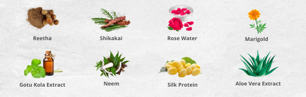 reetha , shikakai , rose water , marigold , gotu kola extract ,neem , silk protein,  aloe vera extract
