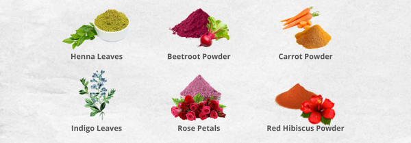 henna leaves , beetroot powder , carrot powder , indigo leaves , rose petals , red hibiscus powder