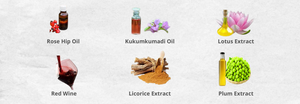 rose hip oil, kukumkumadi oil, lotus extract , red wine , licorice extract , plum extract