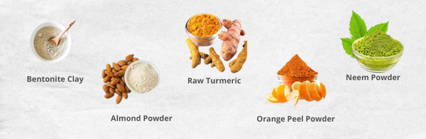 orange peel powder, neem powder, bentonite clay, raw turmeric , almond powder