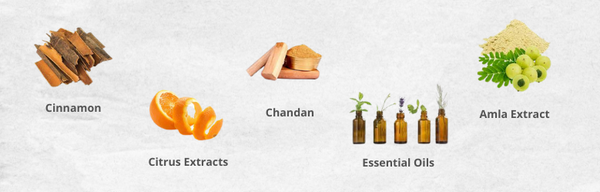 cinnamon, chandan, amla extract, citrus extracts, and essential oils.