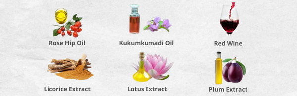 rosehip oil, kukumkumadi oil, red wine, licorice extract, lotus extract, plum extract