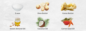 E.wax, shea butter, cocoa butter, sweet almond oil, coconut oil, carrot seed oil